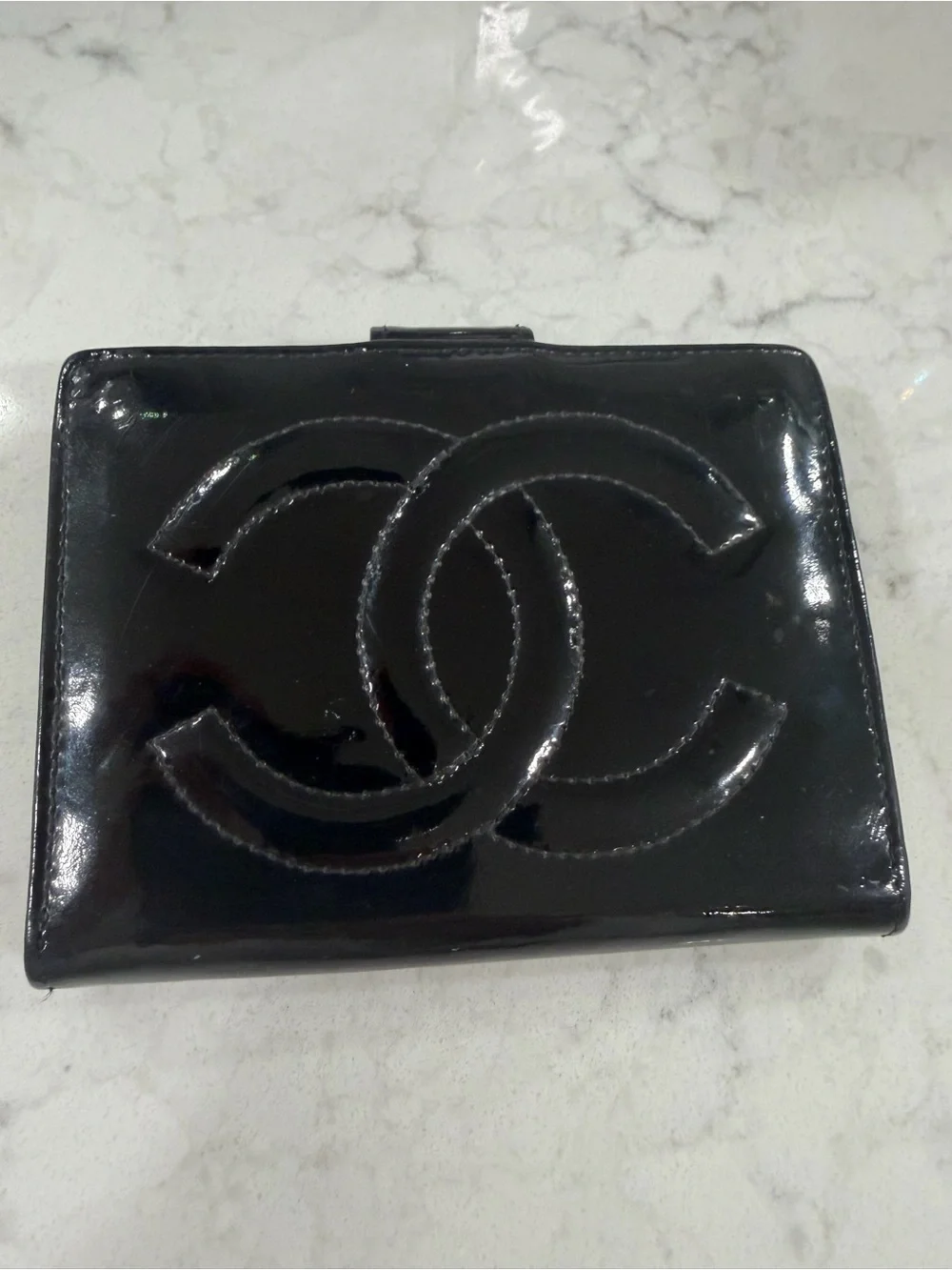 CHANEL Black Patent Leather CC Logo Wallet